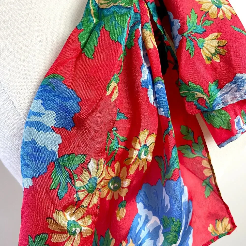 Long Silk Scarf Rectangle Floral Red Blue Cottagecore Romantic Parisian‎